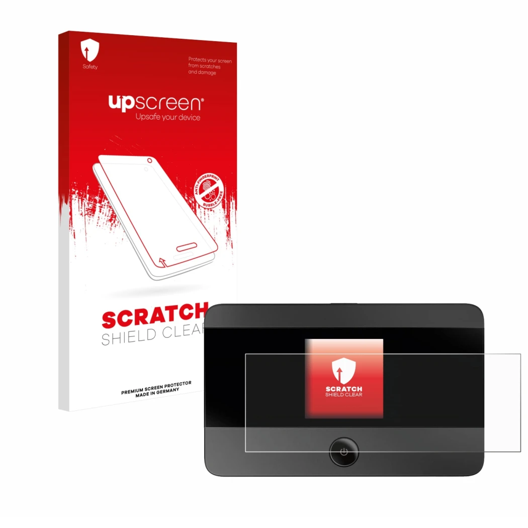 Parte frontale di una confezione del prodotto con il logo del marchio upscreen. Accanto è raffigurato il dispositivo TP-Link M