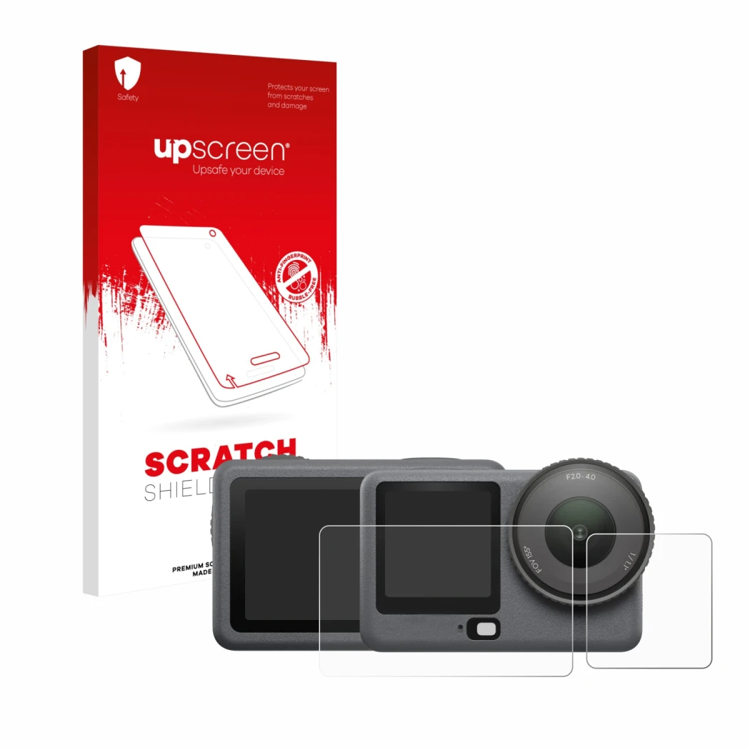 Parte frontale di una confezione del prodotto con il logo del marchio upscreen. Accanto è raffigurato il dispositivo DJI Osmo 