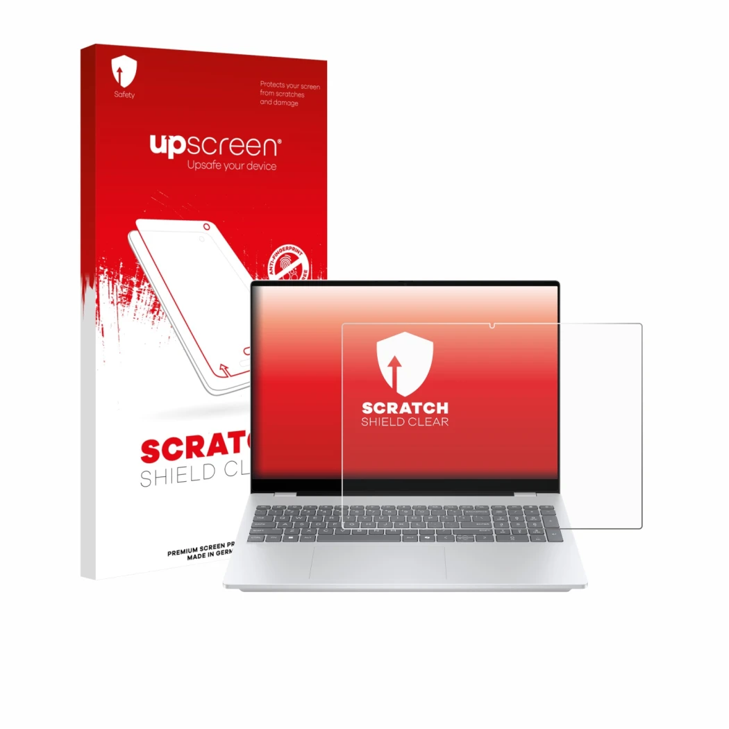 Parte frontale di una confezione del prodotto con il logo del marchio upscreen. Accanto è raffigurato il dispositivo HP OmniBo