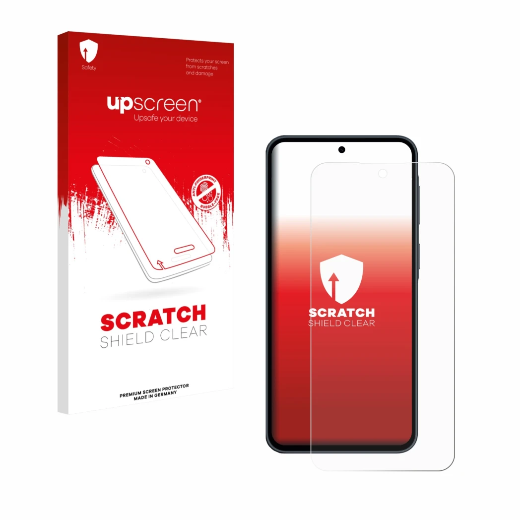 Parte frontale di una confezione del prodotto con il logo del marchio upscreen. Accanto è raffigurato il dispositivo Samsung G
