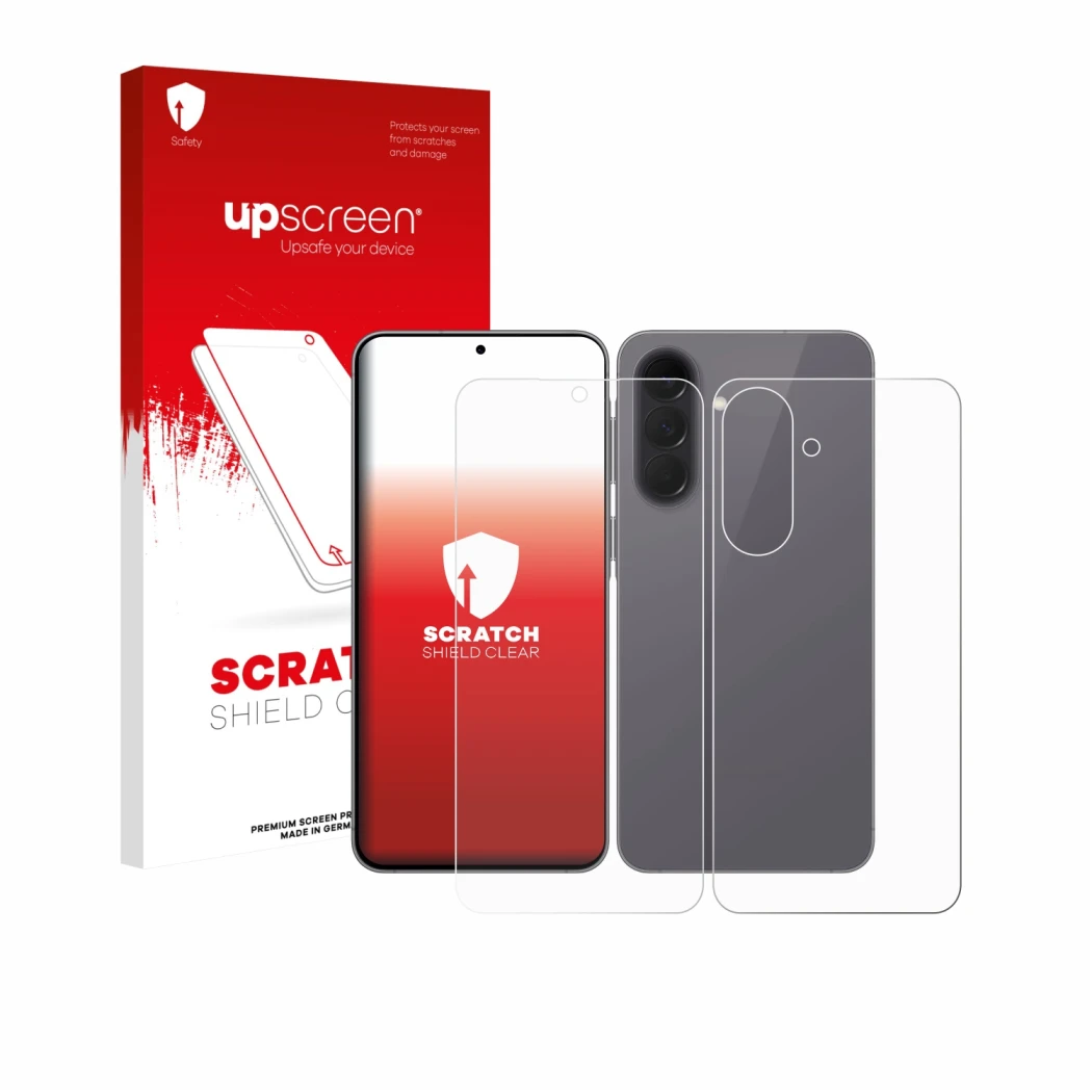 Parte frontale di una confezione del prodotto con il logo del marchio upscreen. Accanto è raffigurato il dispositivo Samsung G