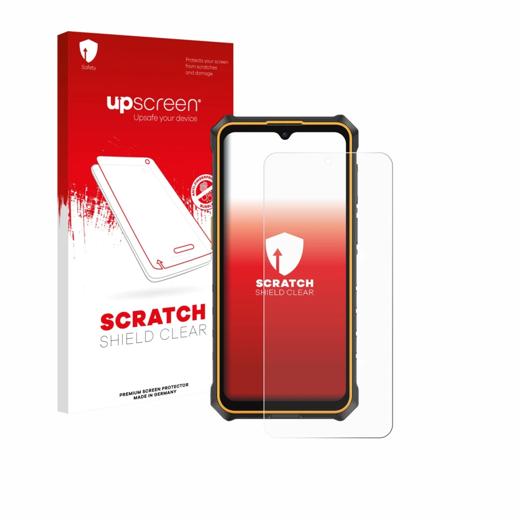 Parte frontale di una confezione del prodotto con il logo del marchio upscreen. Accanto è raffigurato il dispositivo Ulefone R