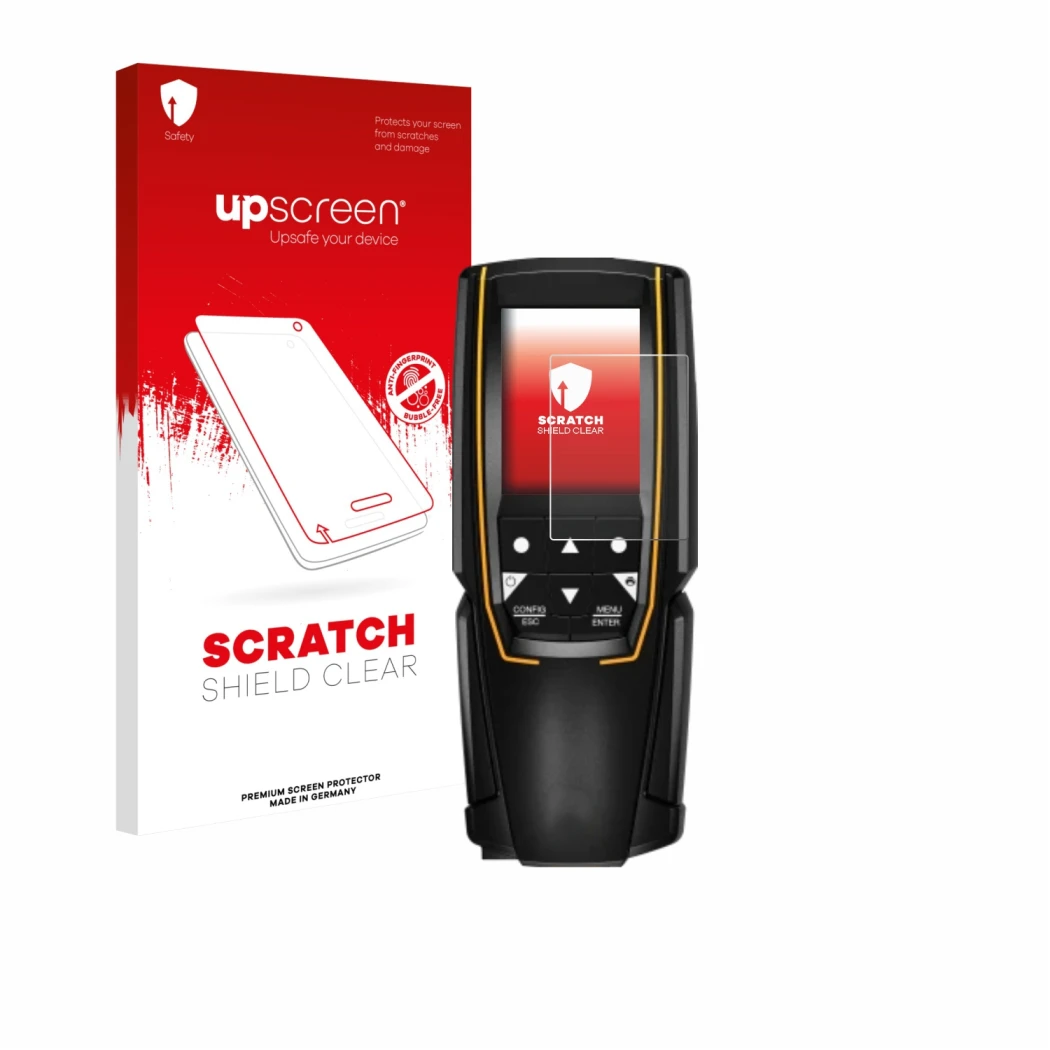 Parte frontale di una confezione del prodotto con il logo del marchio upscreen. Accanto è raffigurato il dispositivo Testo 310