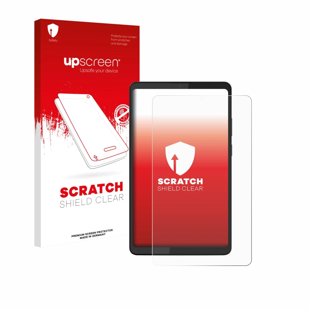 Parte frontale di una confezione del prodotto con il logo del marchio upscreen. Accanto è raffigurato il dispositivo Lenovo Ta