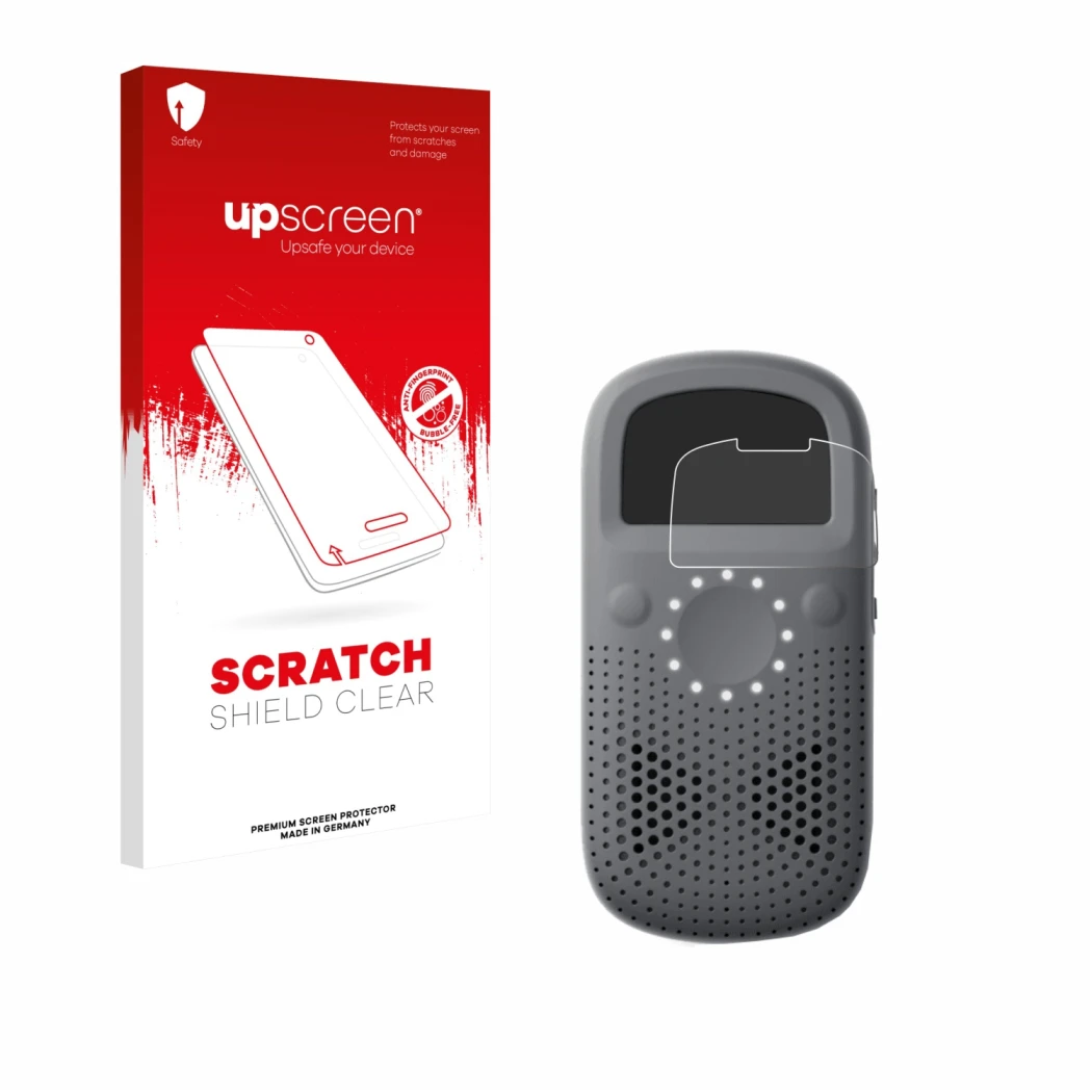 Parte frontale di una confezione del prodotto con il logo del marchio upscreen. Accanto è raffigurato il dispositivo Relay X c