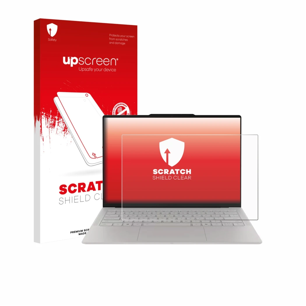 Parte frontale di una confezione del prodotto con il logo del marchio upscreen. Accanto è raffigurato il dispositivo Lenovo Yo