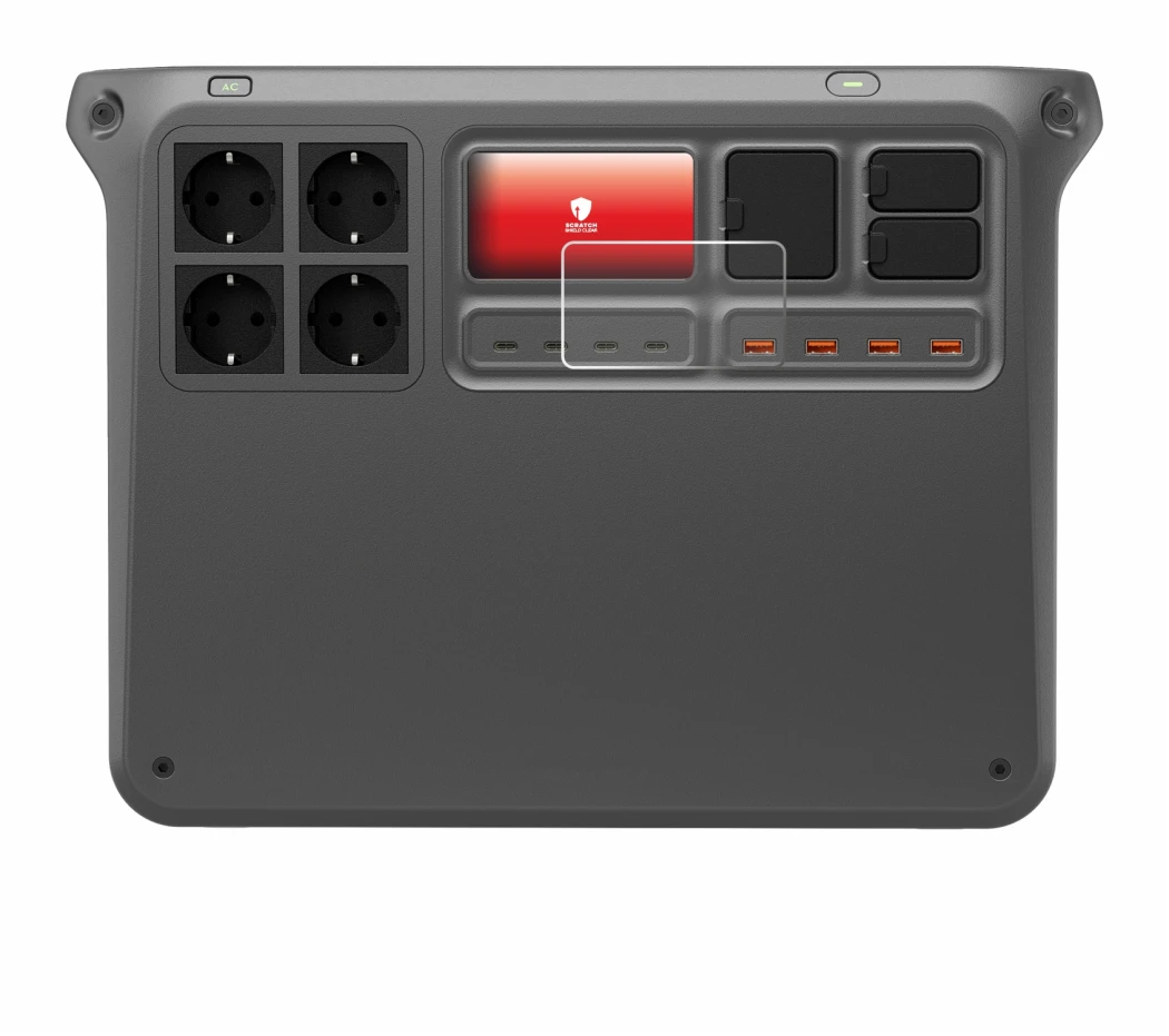 Immagine del dispositivo DJI Power 2000 con un'ampia varietà di protezioni per lo schermo.