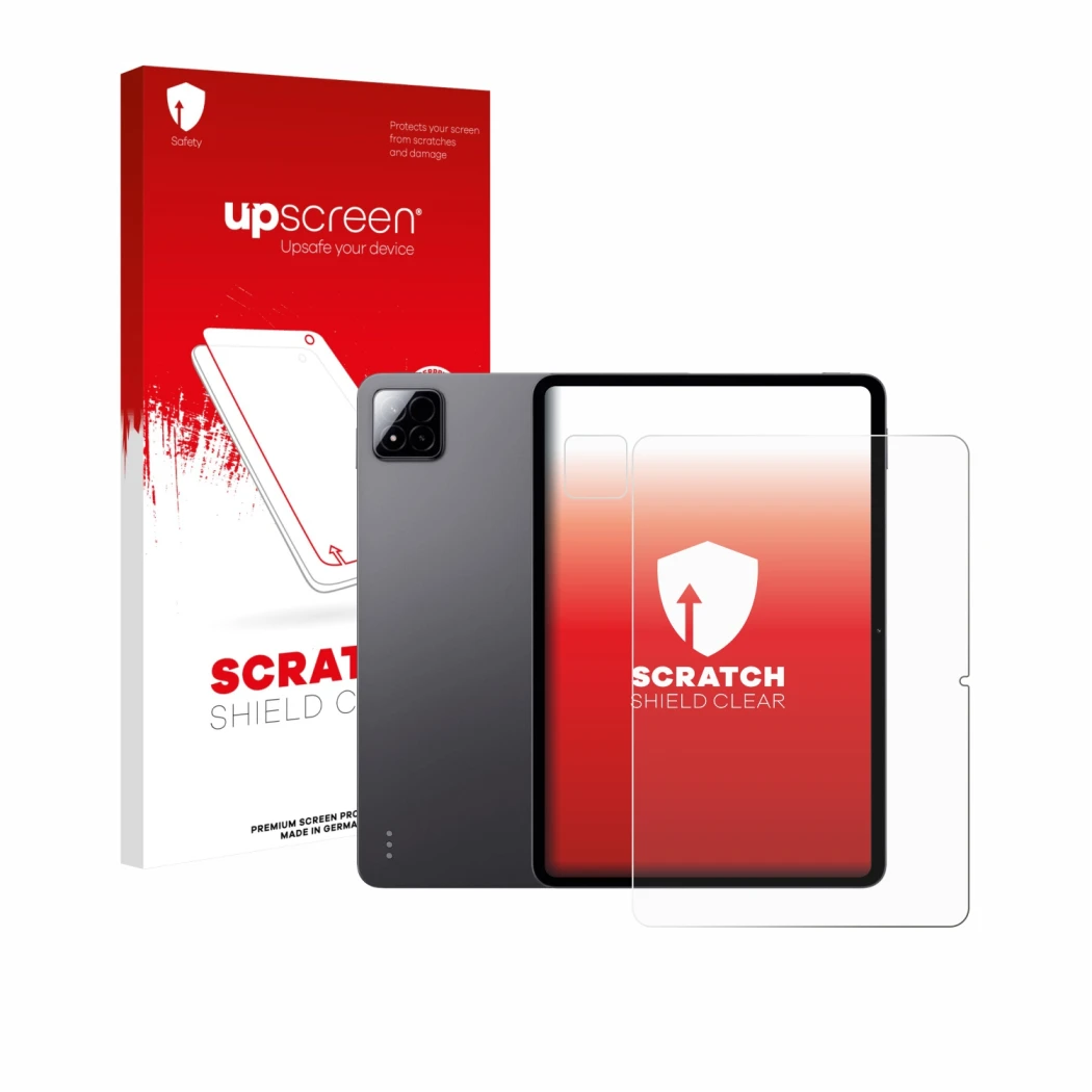 Parte frontale di una confezione del prodotto con il logo del marchio upscreen. Accanto è raffigurato il dispositivo Xiaomi Pa