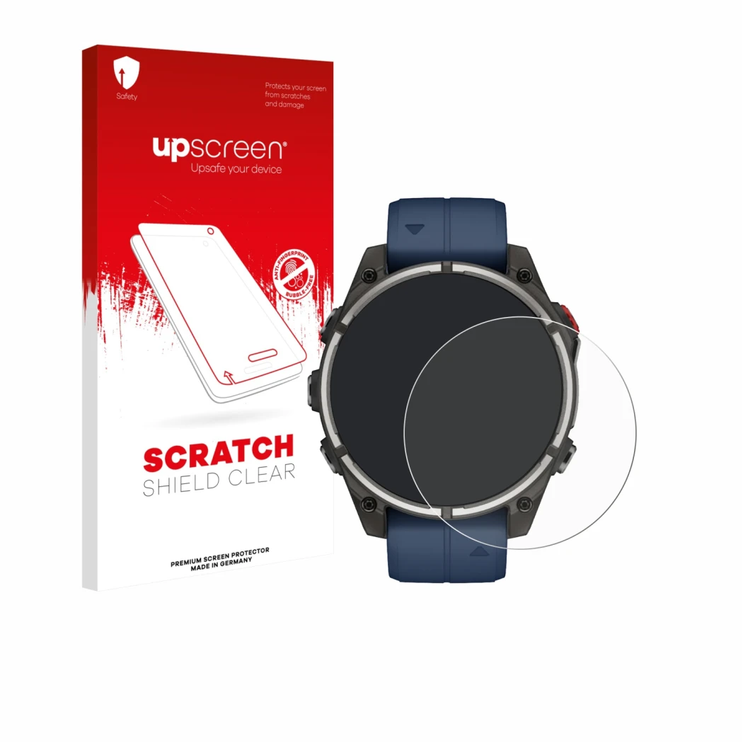 Parte frontale di una confezione del prodotto con il logo del marchio upscreen. Accanto è raffigurato il dispositivo Garmin qu