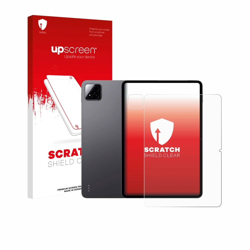 Parte frontale di una confezione del prodotto con il logo del marchio upscreen. Accanto è raffigurato il dispositivo Xiaomi Pa