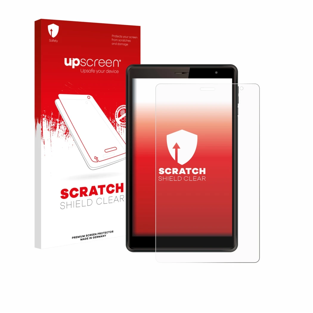 Parte frontale di una confezione del prodotto con il logo del marchio upscreen. Accanto è raffigurato il dispositivo Logicom T