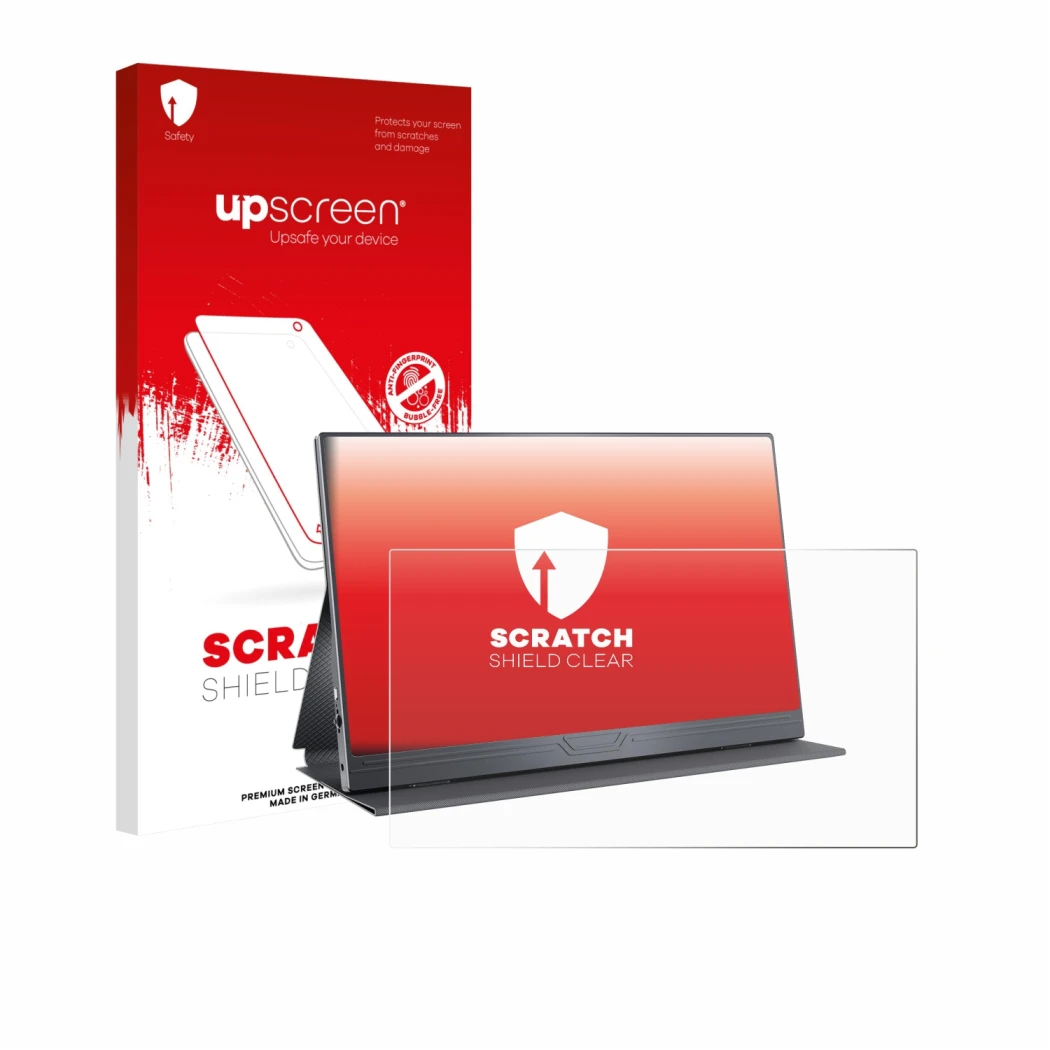 Parte frontale di una confezione del prodotto con il logo del marchio upscreen. Accanto è raffigurato il dispositivo CUIUIC GS