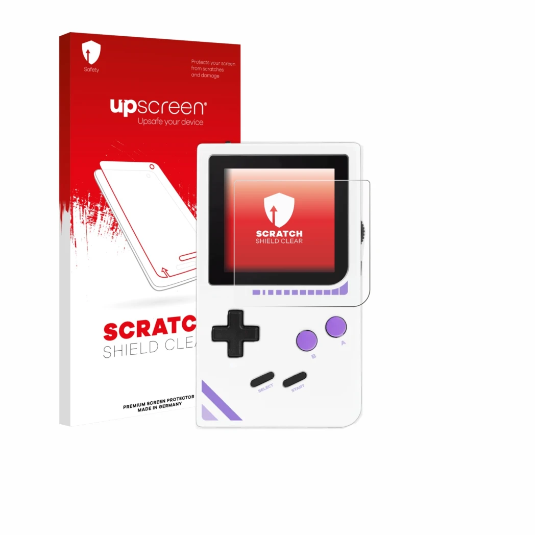 Parte frontale di una confezione del prodotto con il logo del marchio upscreen. Accanto è raffigurato il dispositivo Modretro 