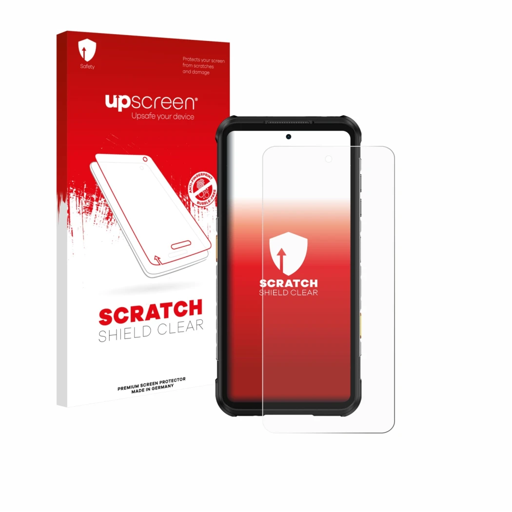 Parte frontale di una confezione del prodotto con il logo del marchio upscreen. Accanto è raffigurato il dispositivo Ulefone R