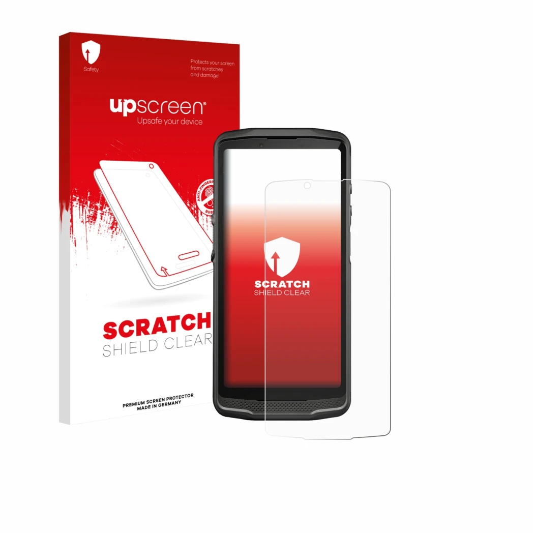 Parte frontale di una confezione del prodotto con il logo del marchio upscreen. Accanto è raffigurato il dispositivo Crosscall