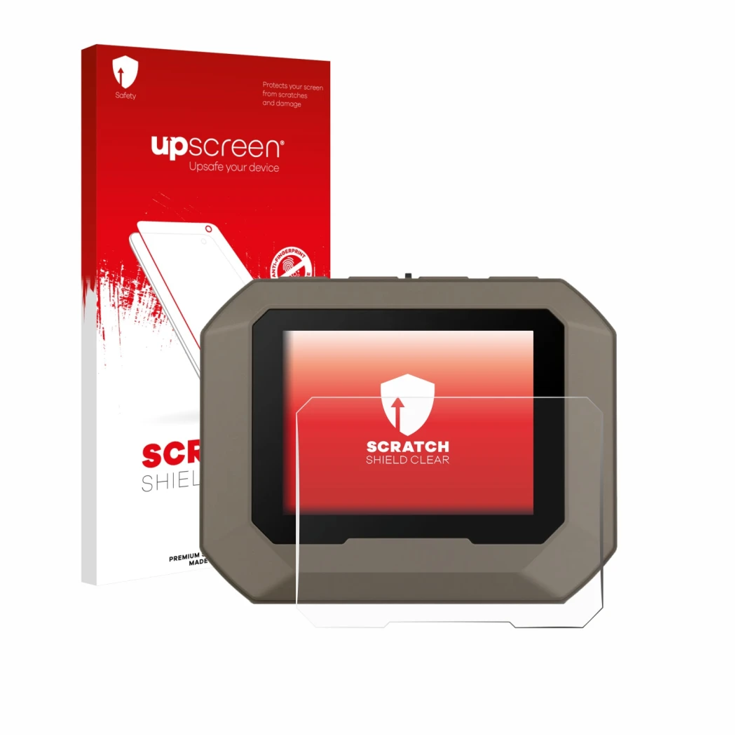 Parte frontale di una confezione del prodotto con il logo del marchio upscreen. Accanto è raffigurato il dispositivo Garmin Xe