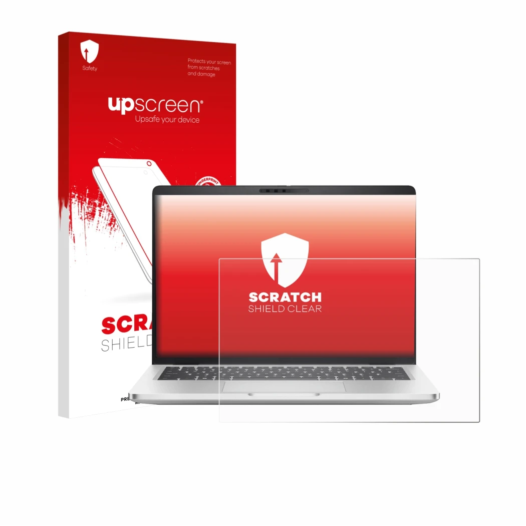 Parte frontale di una confezione del prodotto con il logo del marchio upscreen. Accanto è raffigurato il dispositivo Dell Pro