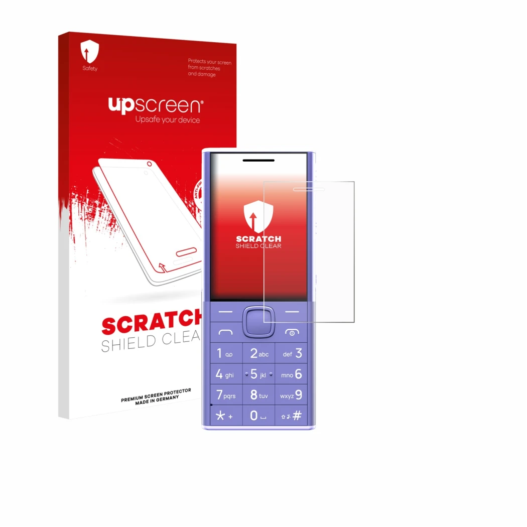 Parte frontale di una confezione del prodotto con il logo del marchio upscreen. Accanto è raffigurato il dispositivo Nokia 150