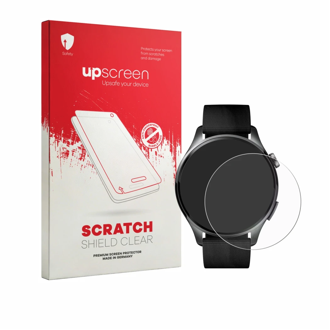 Parte frontale di una confezione del prodotto con il logo del marchio upscreen. Accanto è raffigurato il dispositivo Xiaomi Wa
