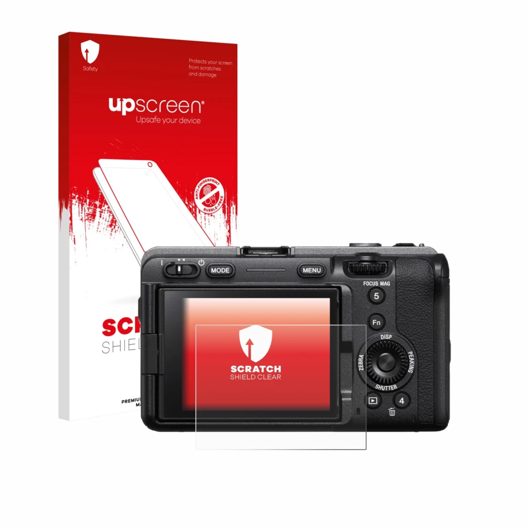 Parte frontale di una confezione del prodotto con il logo del marchio upscreen. Accanto è raffigurato il dispositivo Sony FX3A