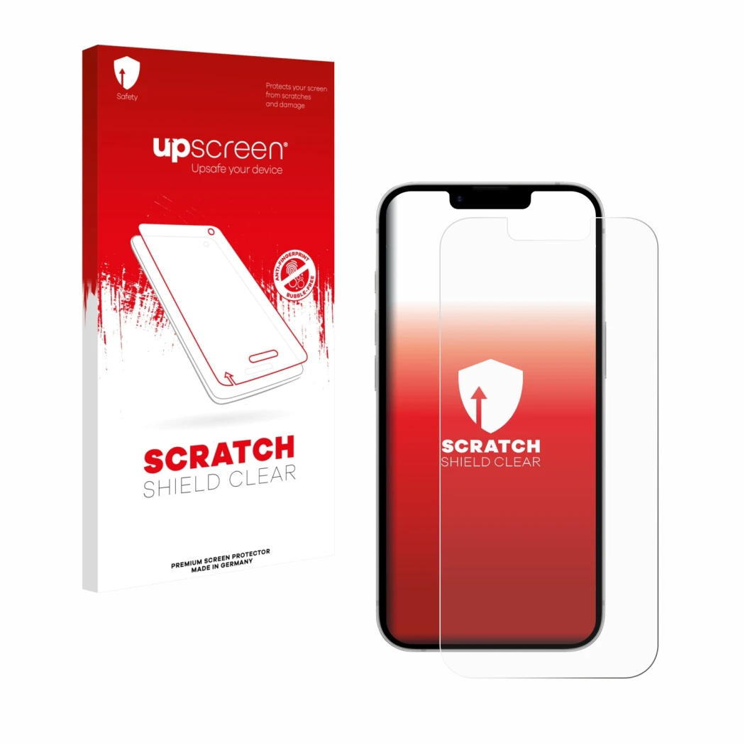 Parte frontale di una confezione del prodotto con il logo del marchio upscreen. Accanto è raffigurato il dispositivo Apple iPh
