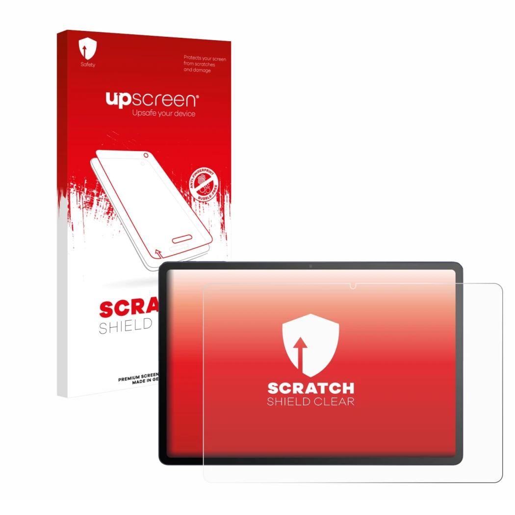 Parte frontale di una confezione del prodotto con il logo del marchio upscreen. Accanto è raffigurato il dispositivo TCL Tab A