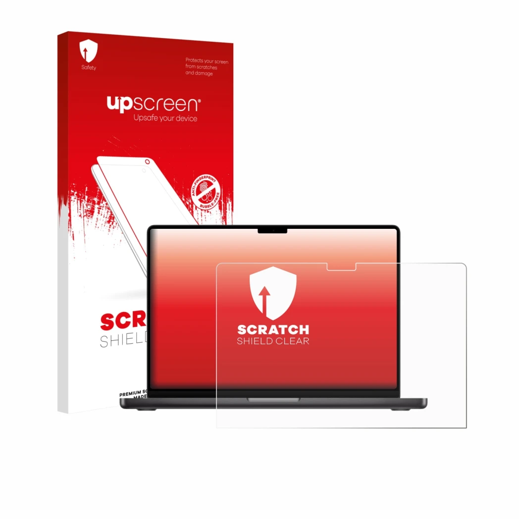 Parte frontale di una confezione del prodotto con il logo del marchio upscreen. Accanto è raffigurato il dispositivo Apple Mac