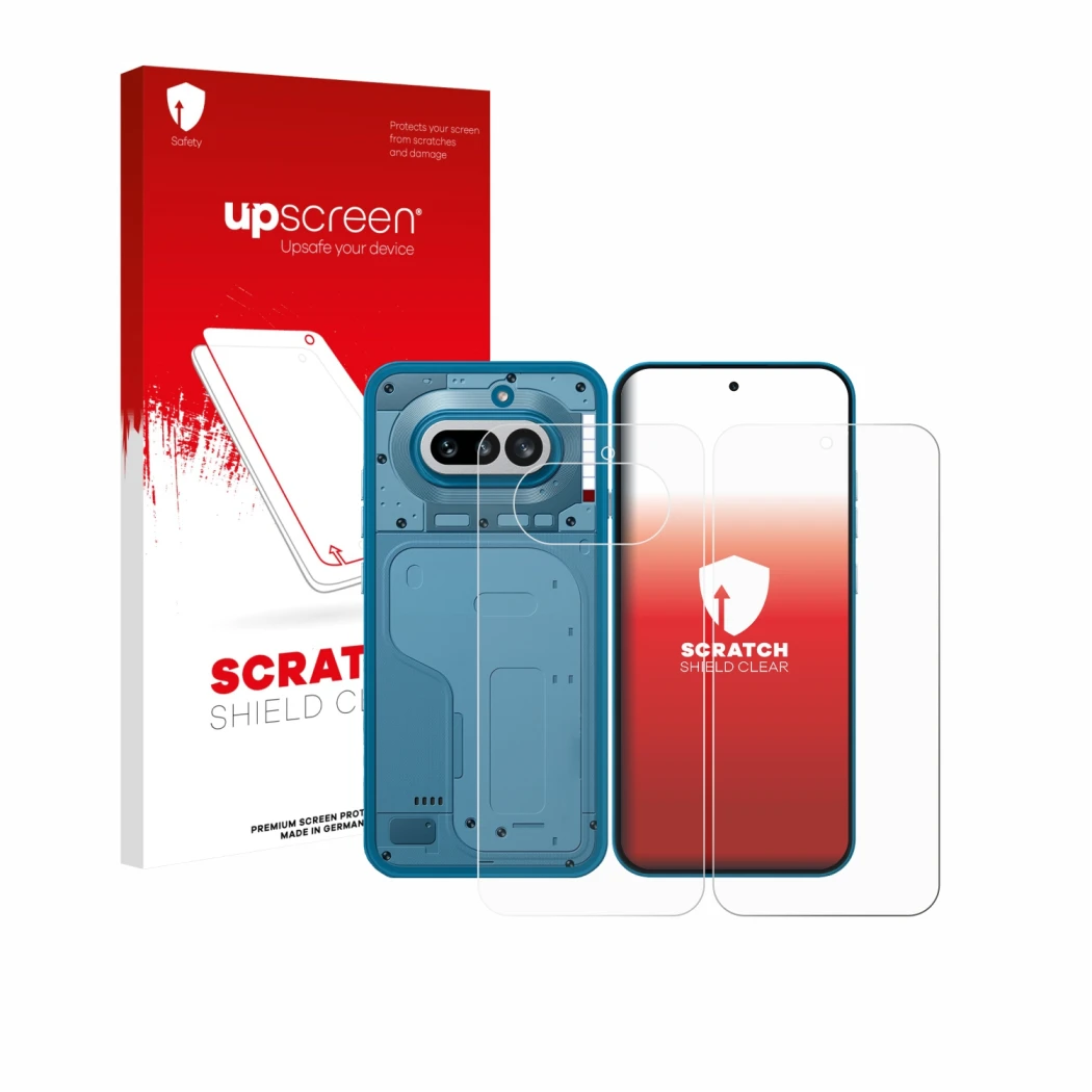 Parte frontale di una confezione del prodotto con il logo del marchio upscreen. Accanto è raffigurato il dispositivo Nothing P