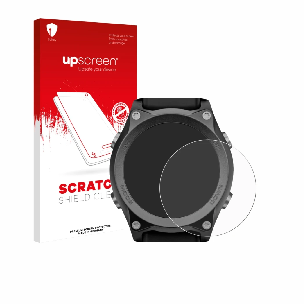 Parte frontale di una confezione del prodotto con il logo del marchio upscreen. Accanto è raffigurato il dispositivo Mares Sir