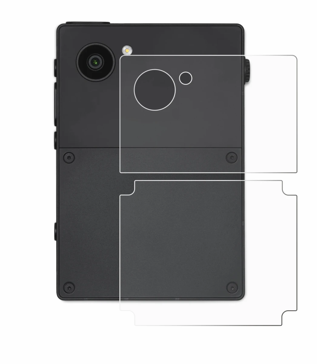 Immagine del dispositivo Light Phone 3 (Posteriore) con un'ampia varietà di protezioni per lo schermo.