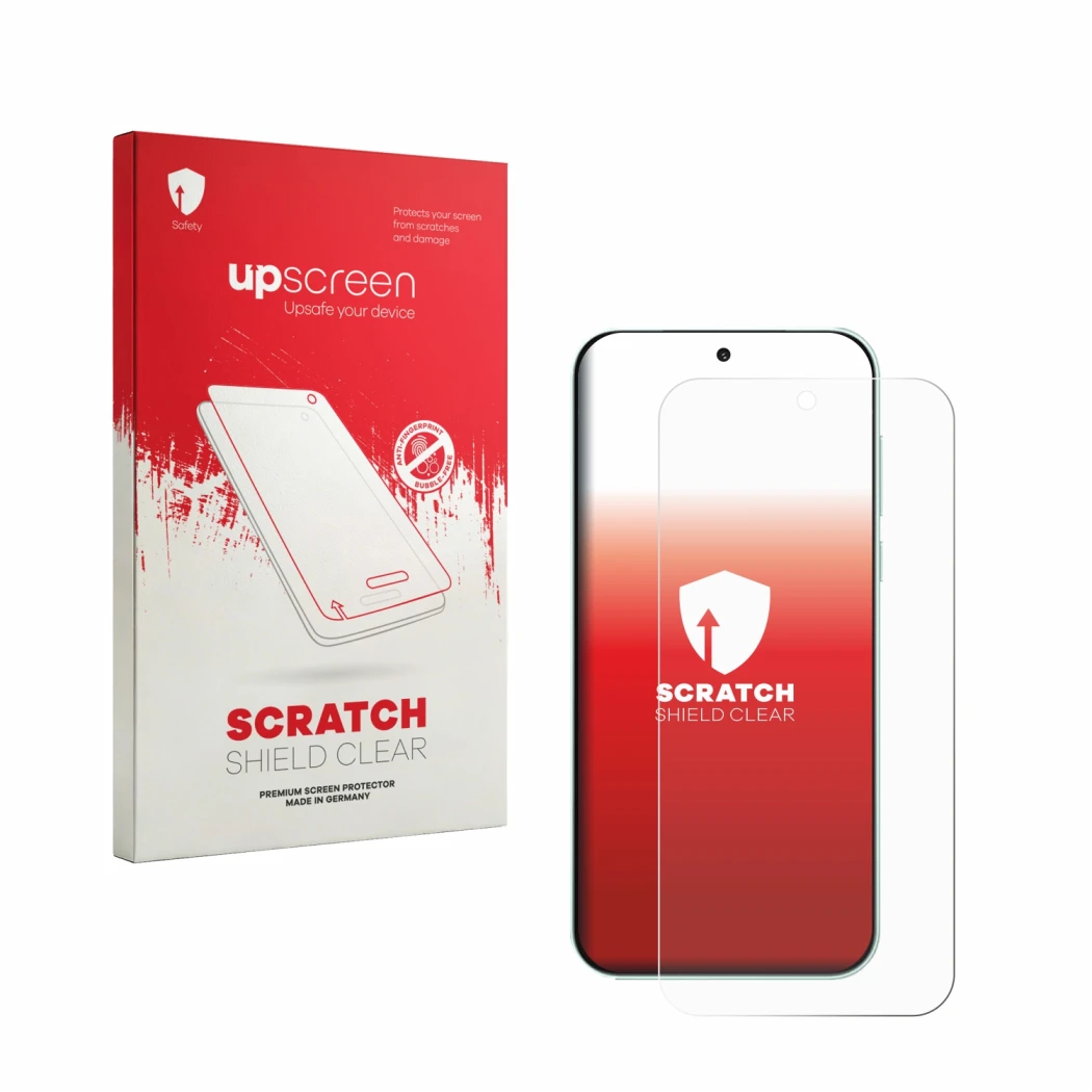 Parte frontale di una confezione del prodotto con il logo del marchio upscreen. Accanto è raffigurato il dispositivo OnePlus N
