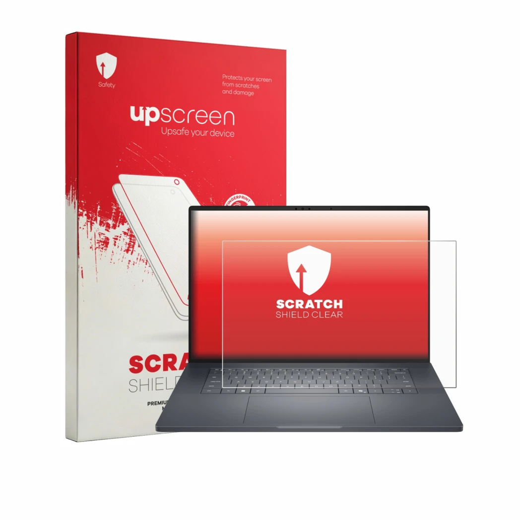 Parte frontale di una confezione del prodotto con il logo del marchio upscreen. Accanto è raffigurato il dispositivo Dell Pro