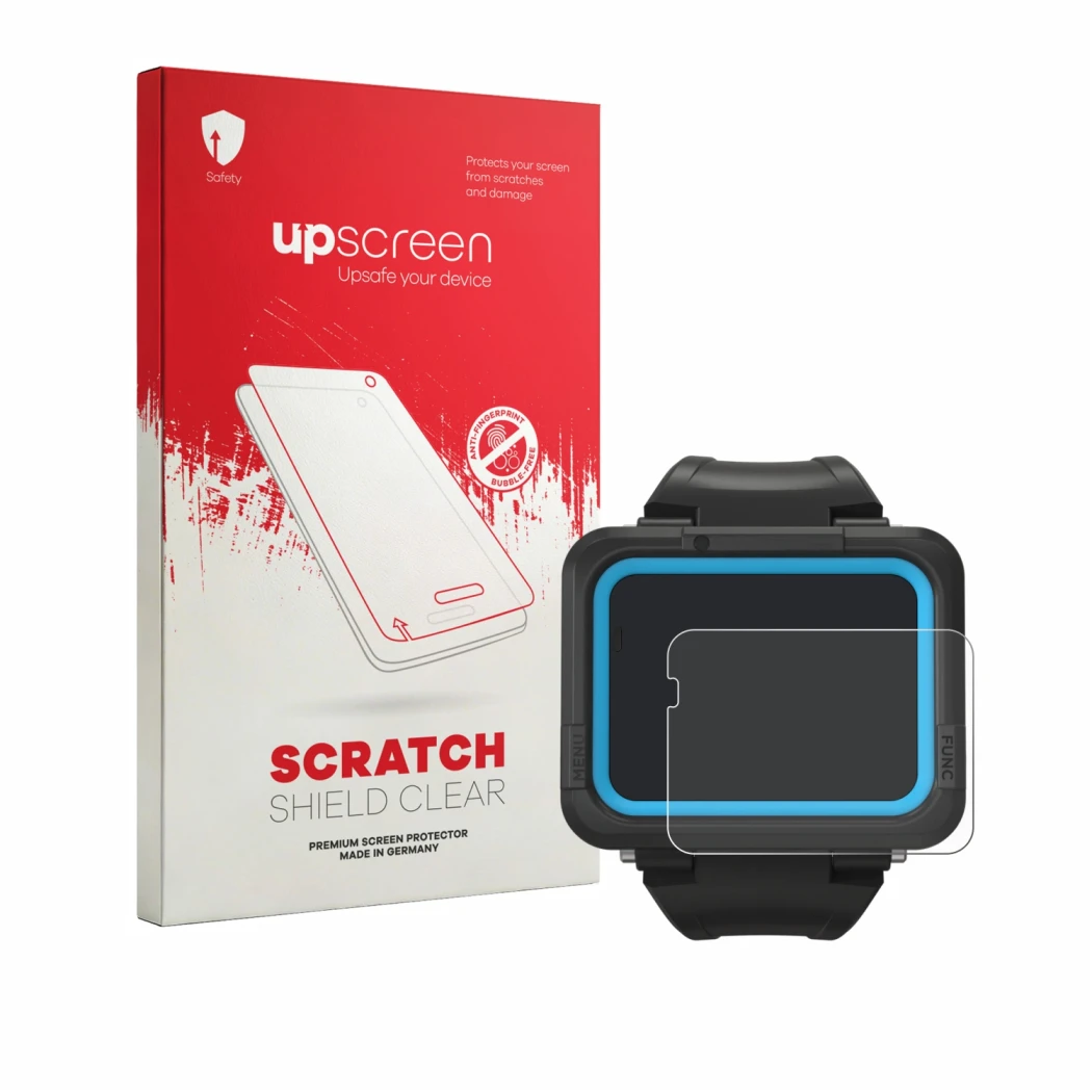 Parte frontale di una confezione del prodotto con il logo del marchio upscreen. Accanto è raffigurato il dispositivo Shearwate