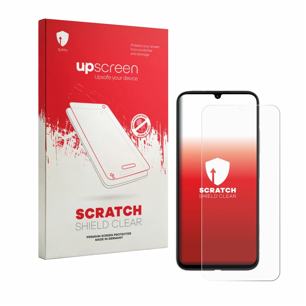 Parte frontale di una confezione del prodotto con il logo del marchio upscreen. Accanto è raffigurato il dispositivo Redmi R70