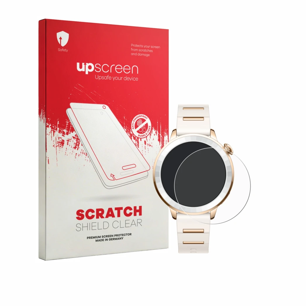 Parte frontale di una confezione del prodotto con il logo del marchio upscreen. Accanto è raffigurato il dispositivo Oppo Watc