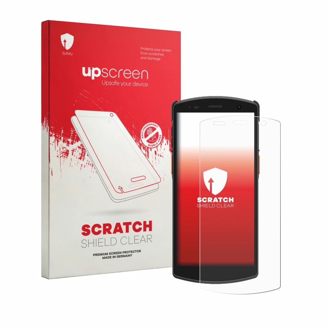 Parte frontale di una confezione del prodotto con il logo del marchio upscreen. Accanto è raffigurato il dispositivo Urovo CT5