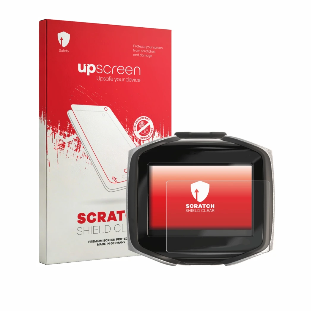 Parte frontale di una confezione del prodotto con il logo del marchio upscreen. Accanto è raffigurato il dispositivo Mares Qua