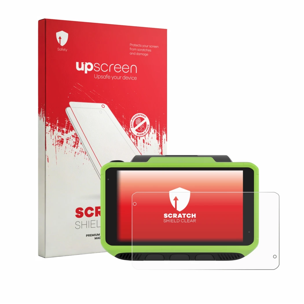 Parte frontale di una confezione del prodotto con il logo del marchio upscreen. Accanto è raffigurato il dispositivo Zebra WT6