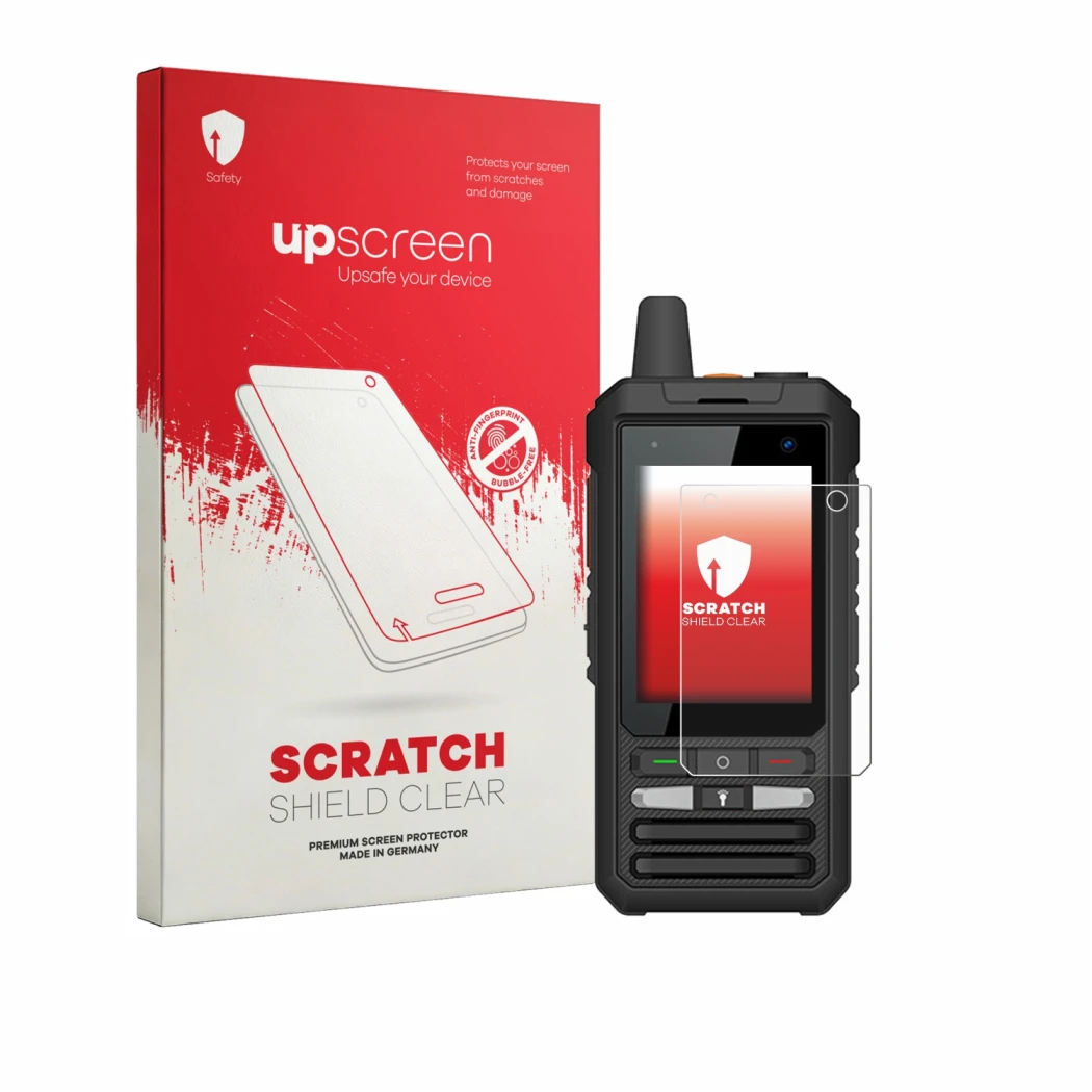 Parte frontale di una confezione del prodotto con il logo del marchio upscreen. Accanto è raffigurato il dispositivo Uniwa F80