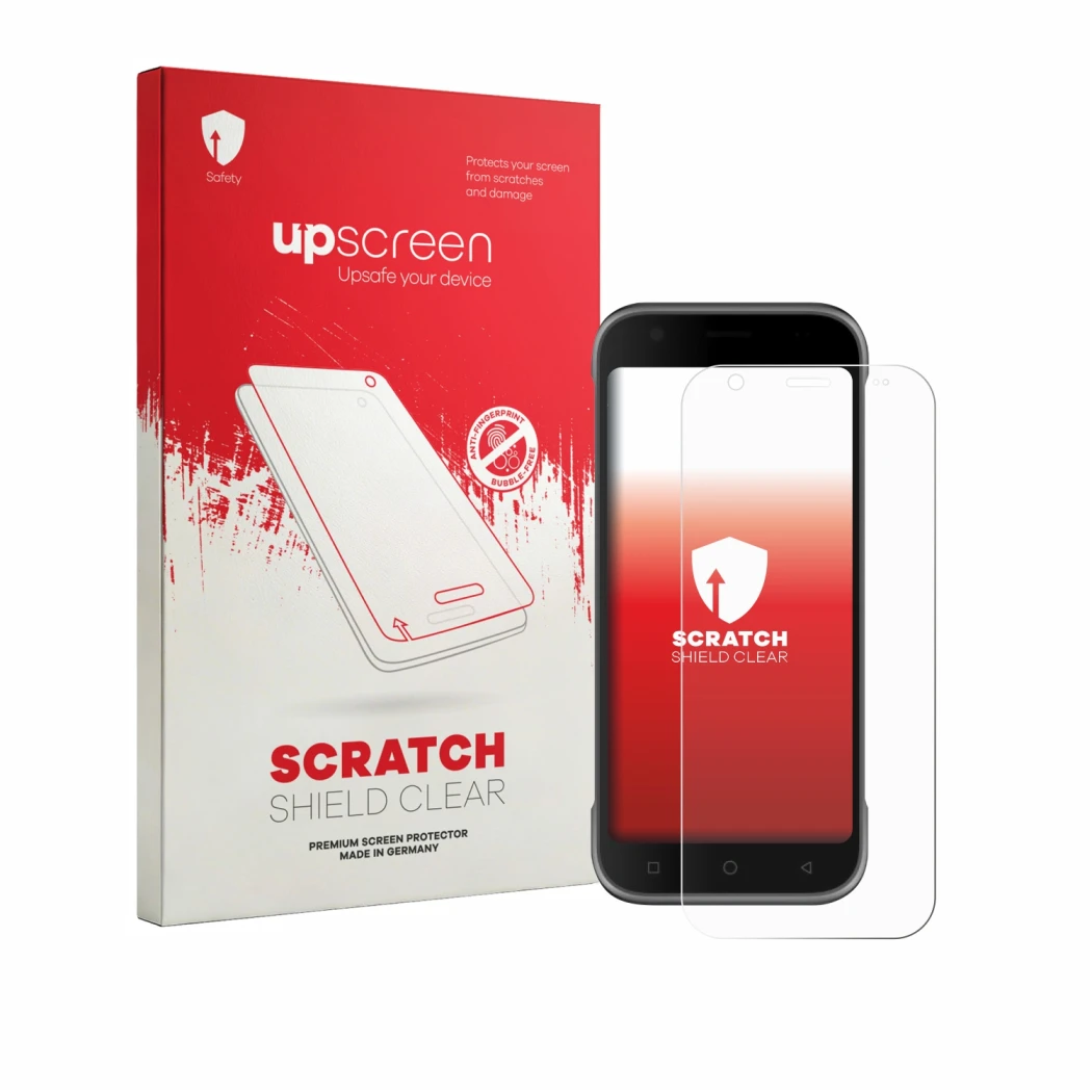 Parte frontale di una confezione del prodotto con il logo del marchio upscreen. Accanto è raffigurato il dispositivo Bluebird