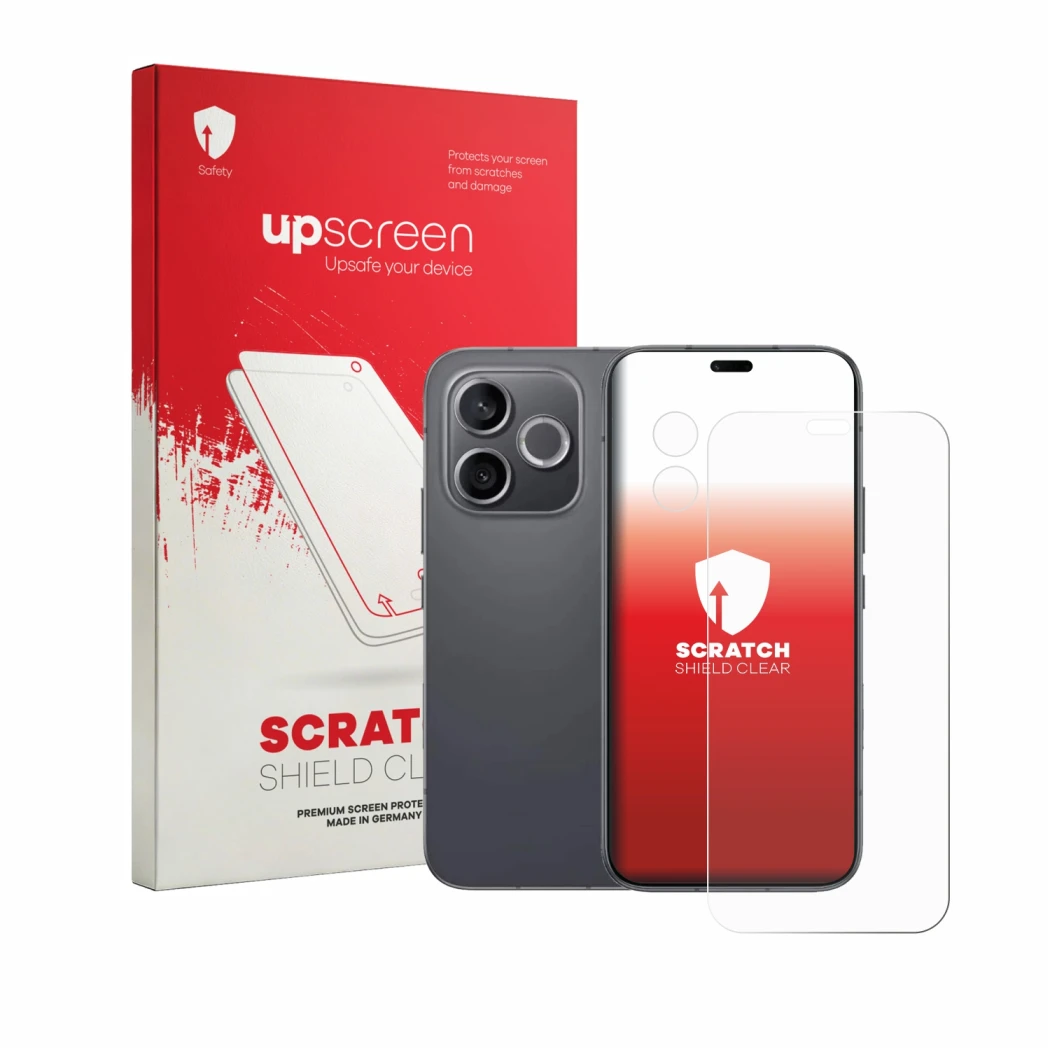 Parte frontale di una confezione del prodotto con il logo del marchio upscreen. Accanto è raffigurato il dispositivo Honor 600