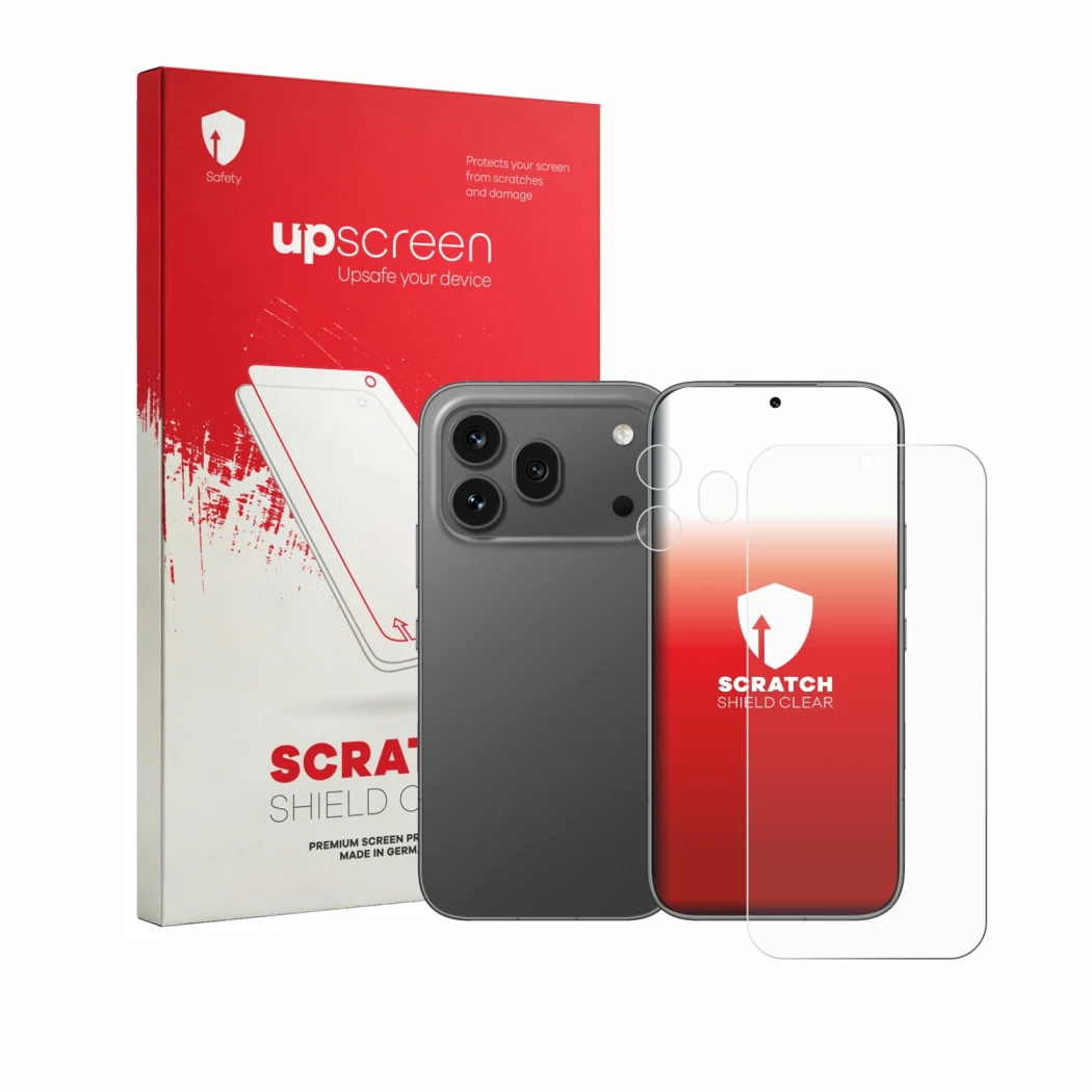 Parte frontale di una confezione del prodotto con il logo del marchio upscreen. Accanto è raffigurato il dispositivo Honor 600