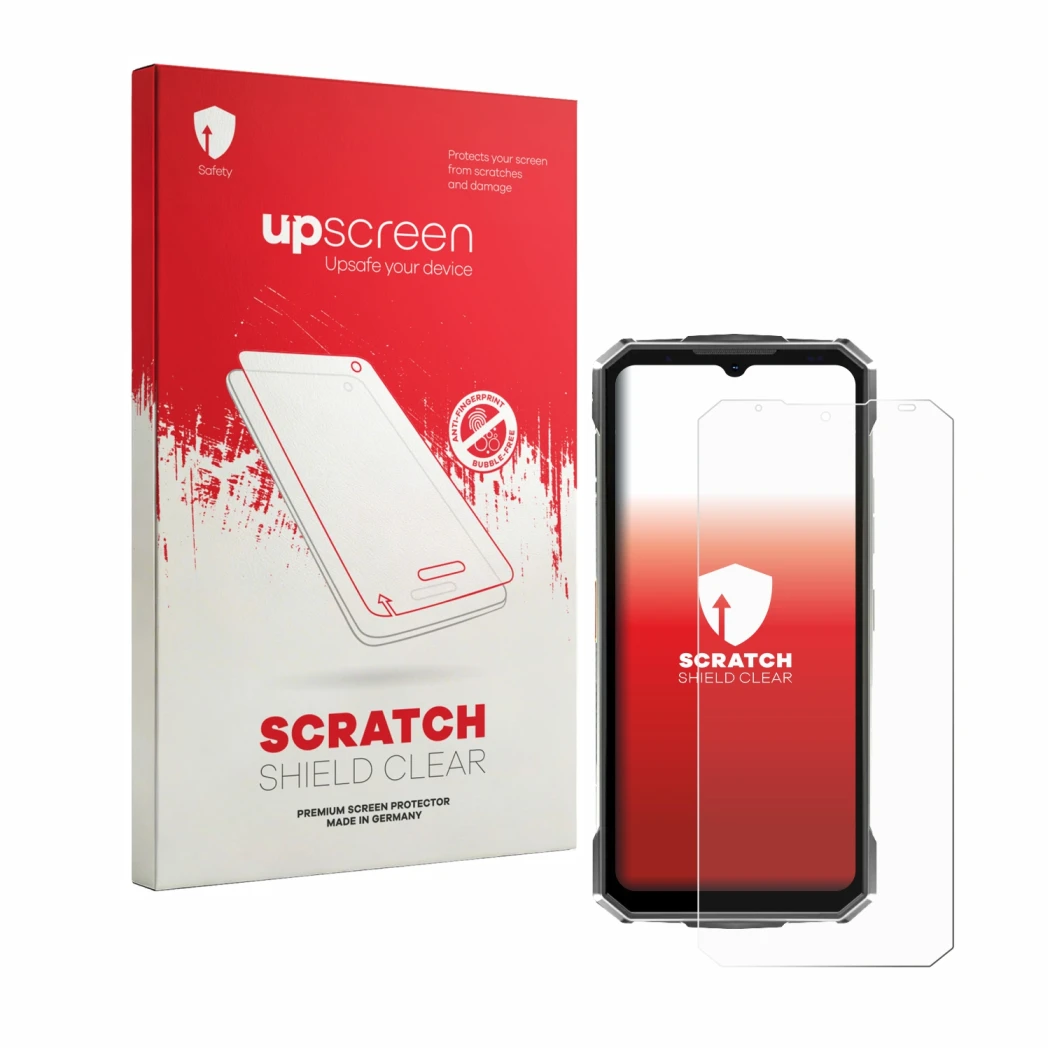 Parte frontale di una confezione del prodotto con il logo del marchio upscreen. Accanto è raffigurato il dispositivo Doogee Fi