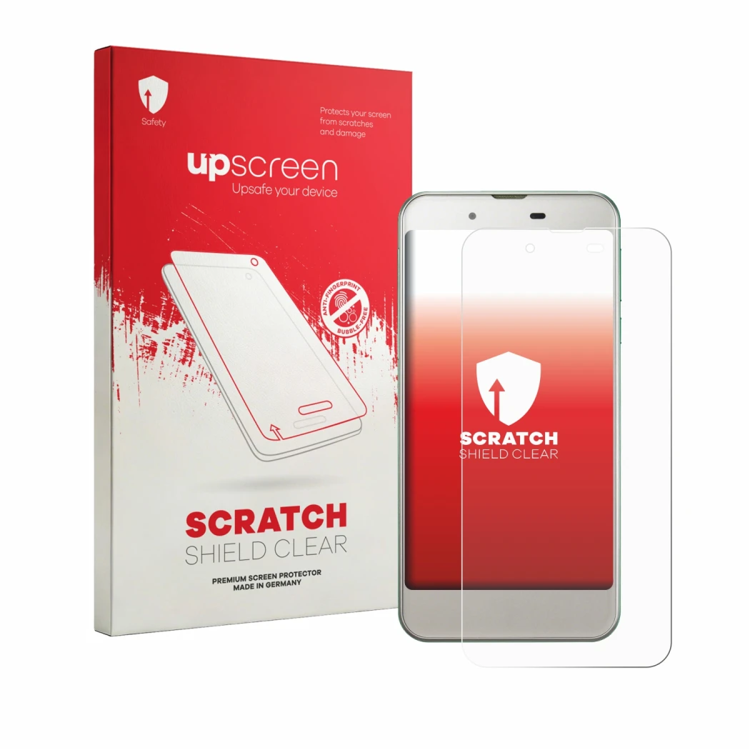 Parte frontale di una confezione del prodotto con il logo del marchio upscreen. Accanto è raffigurato il dispositivo Sharp Aqu