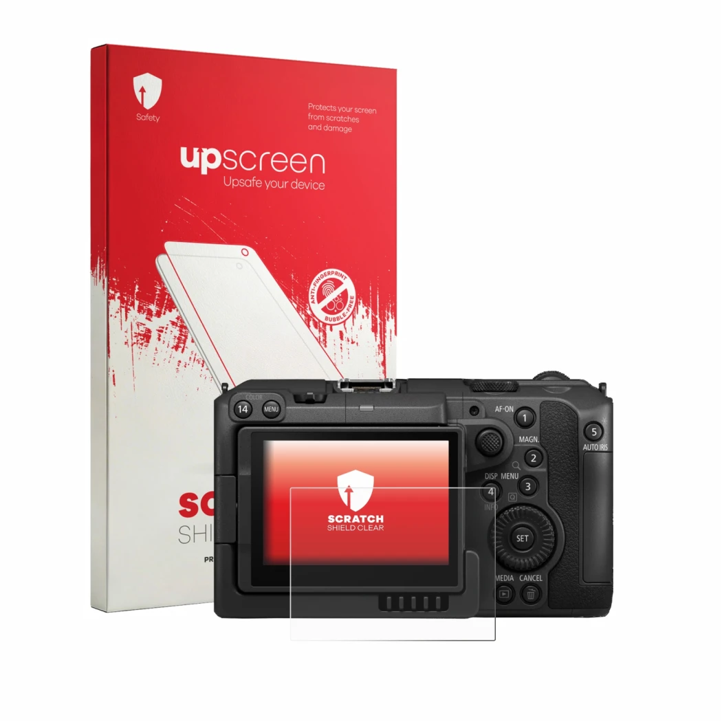 Parte frontale di una confezione del prodotto con il logo del marchio upscreen. Accanto è raffigurato il dispositivo Canon EOS