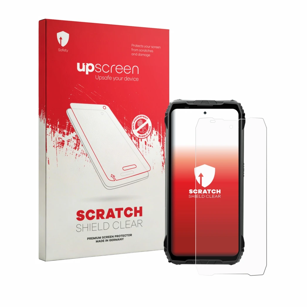 Parte frontale di una confezione del prodotto con il logo del marchio upscreen. Accanto è raffigurato il dispositivo Blackview