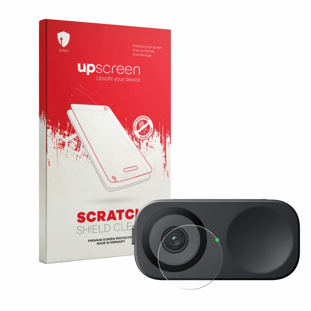 Parte frontale di una confezione del prodotto con il logo del marchio upscreen. Accanto è raffigurato il dispositivo Insta360