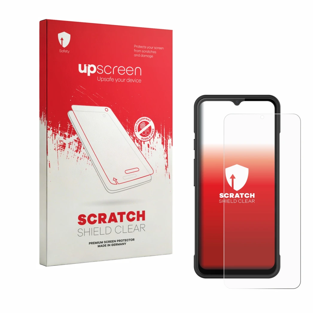 Parte frontale di una confezione del prodotto con il logo del marchio upscreen. Accanto è raffigurato il dispositivo iMin Swif