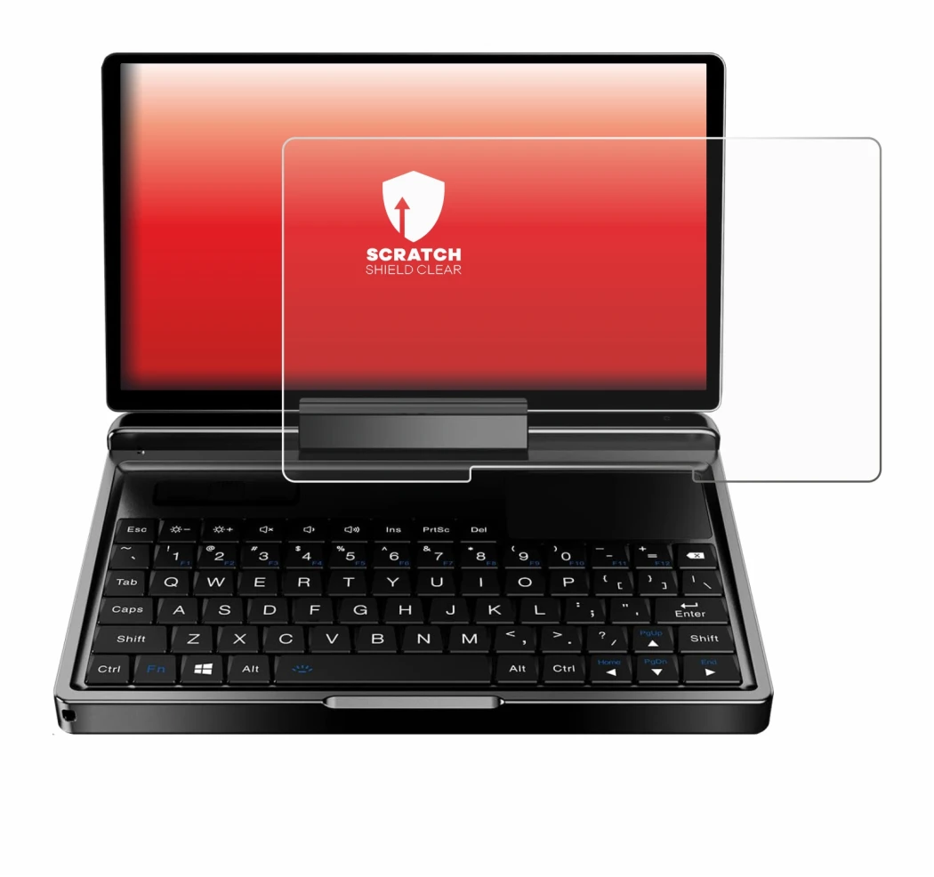 Immagine del dispositivo GPD MicroPC 2 con un'ampia varietà di protezioni per lo schermo.