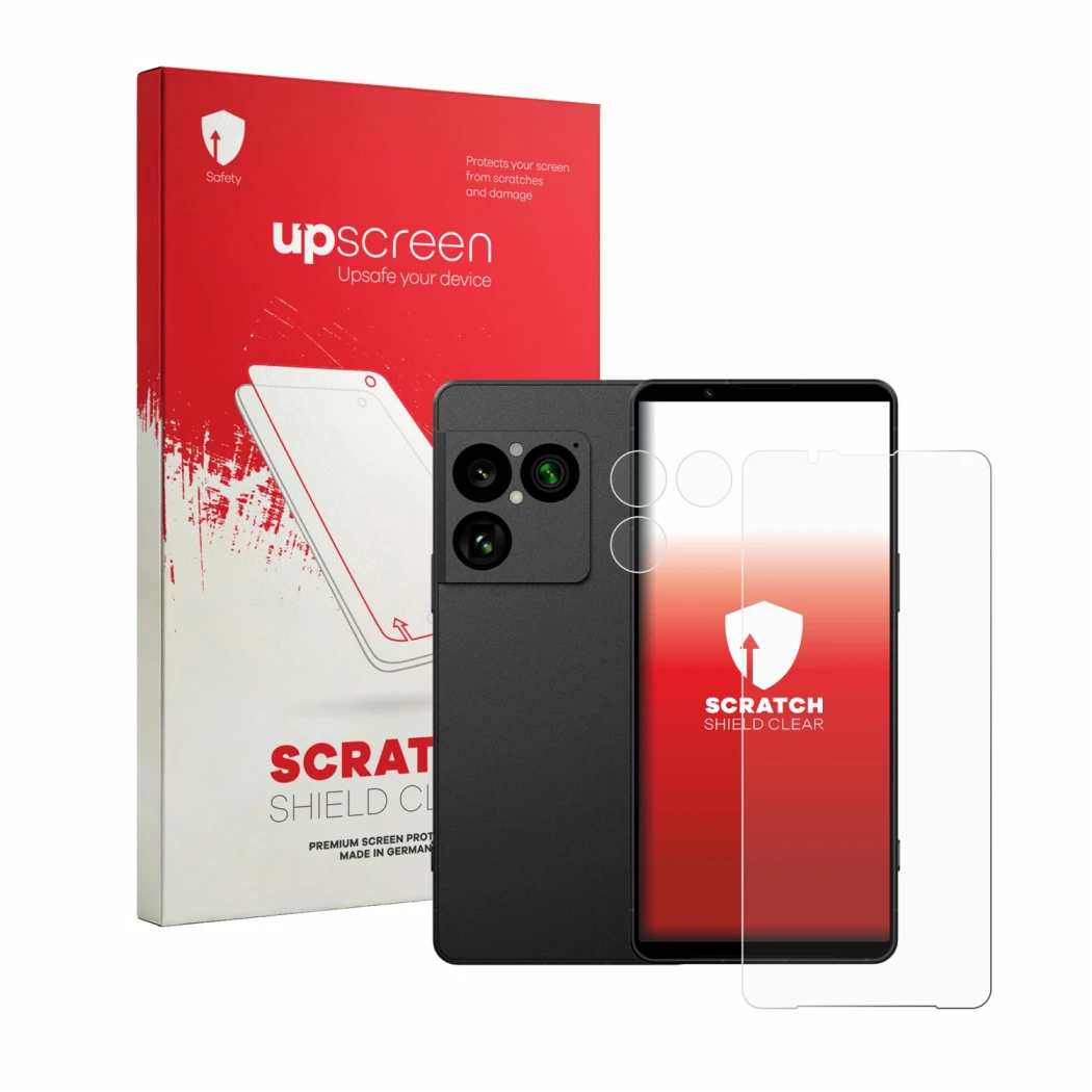 Parte frontale di una confezione del prodotto con il logo del marchio upscreen. Accanto è raffigurato il dispositivo Sony Xper